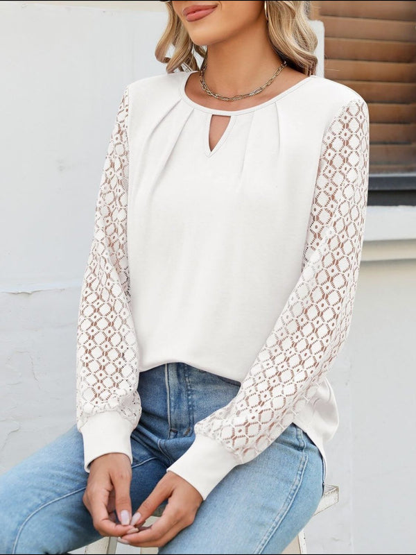 Cutout Round Neck Lace Long Sleeve Blouse Trendsi