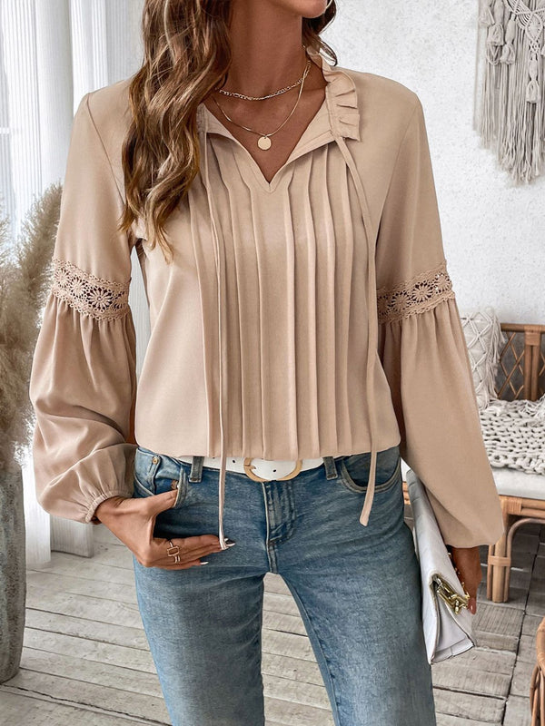 Frill Tie Neck Long Sleeve Blouse Trendsi