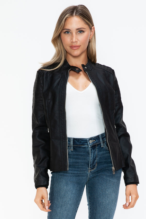 Women's PU Leather Biker Jacket with Side Zip Pockets