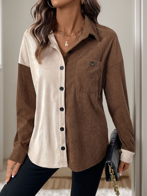 Pocketed Contrast Collared Neck Long Sleeve Shirt PrettyFitFashions