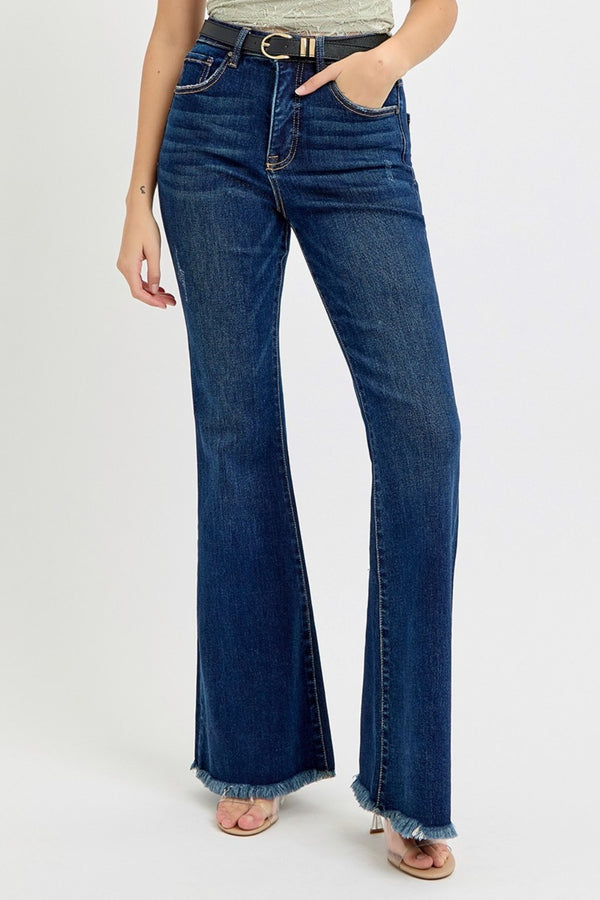 Tummy Control Frayed Hem Flare Jeans Trendsi