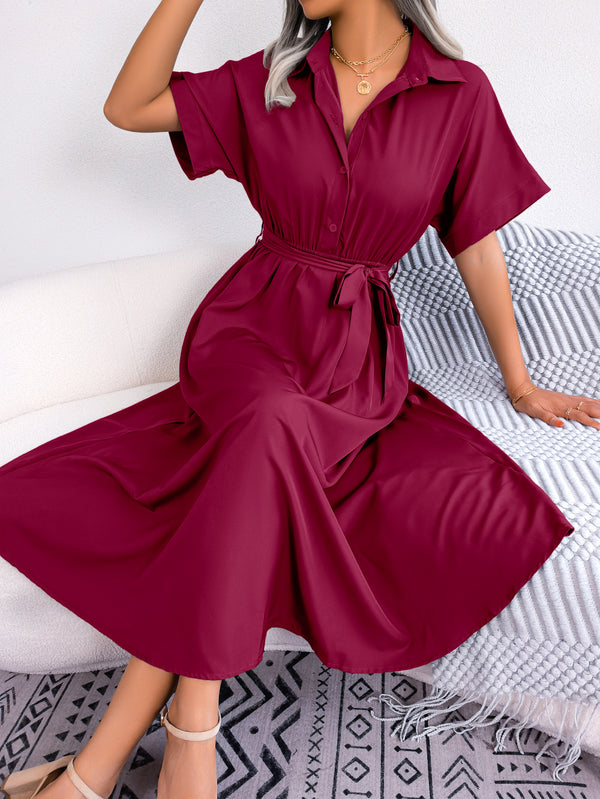 Short Sleeve Collared Tie Belt Dress Trendsi