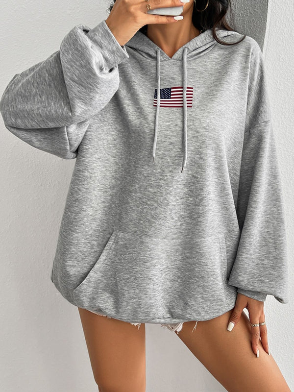 Drawstring US Flag Long Sleeve Hoodie