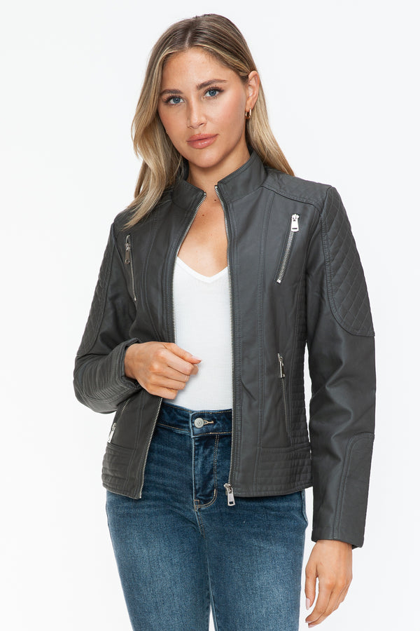 Faux Leather Zip Up Mock Neck Jacket