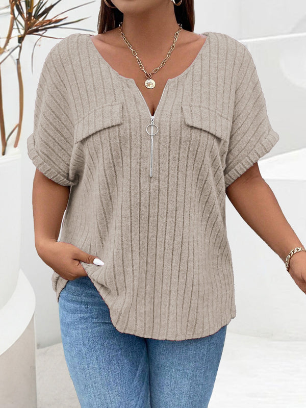 Plus Size Half Zip Short Sleeve Top